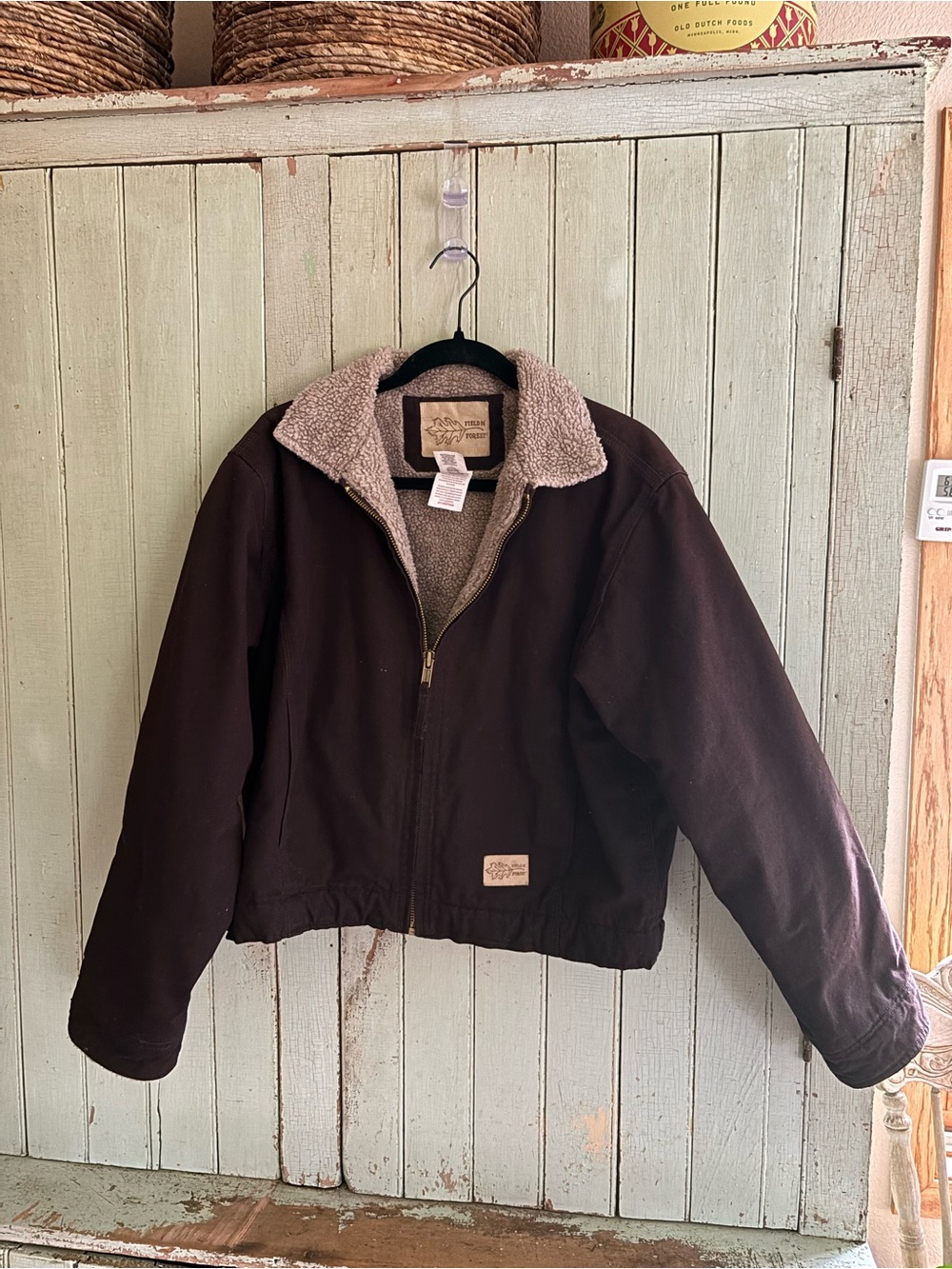 Brown Sherpa-Lined Utility Jacket with Zip Front